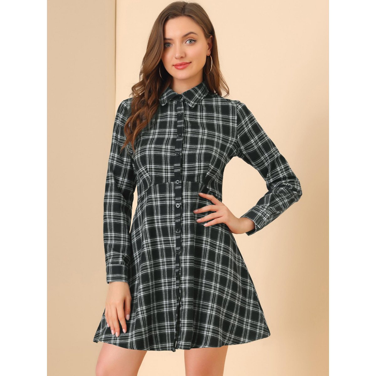 Женские платья INSPIRE CHIC Women's Plaid Button Down Cotton Mini A-Line Shirt Dress Black Medium — фото 2