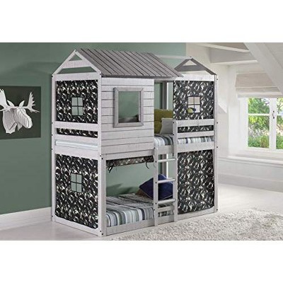 Donco Kids Deer Blind Cabin Twin Over Twin Rustic Grey Bunkbed with Green Camo Tent