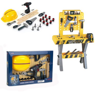 Theo Klein Bosch DIY Construction Premium Toy Toolset Bundle with Bosch Safety Accessories Set and Caterpillar Workbench for Ages 3 and Up