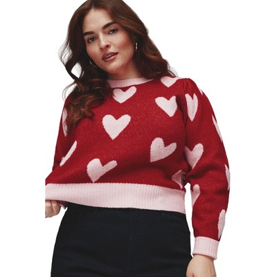 ELOQUII Women's Plus Size Heart Intarsia Cropped Sweater
