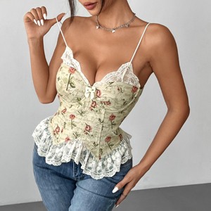 Women's Beige Vintage Bustier Top - Floral Jacquard Corset Bralette, Sexy Lace Trim, Back Tie Closure - 1 of 4