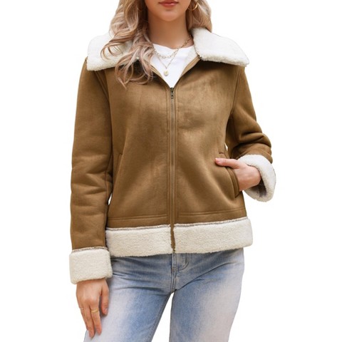 INSPIRE CHIC Women's Faux Shearing Thick Fur Winter Warm Lined Faux Leather Jacket Large Brown
