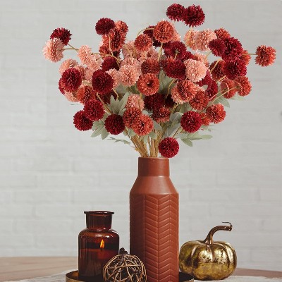 Attop 12 Pcs Artificial Chrysanthemum Flowers, Kiku Pom Pom Mums Flower Faux Home Decor Burgundy, Burnt Orange, Deep Peach