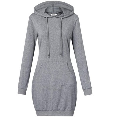 Women Long Sleeve Pocket Solid Color Pullover Hooded Tunic Dress