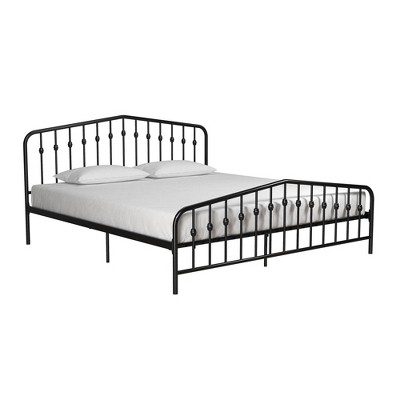 King-Sized Black Pine and Metal Upholstered Bed with Storage Drawer