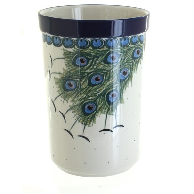 Blue Rose Polish Pottery Peacock Feather Utensil Jar