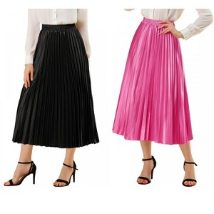 Allegra K Women's Party Elastic Waist Metallic Shiny Pleated Midi Skirt 2 Pcs - 1 of 4