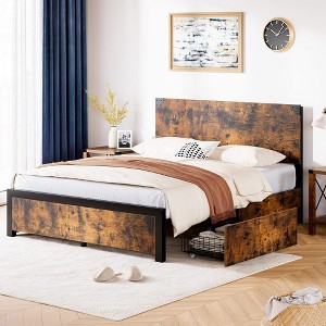 Bed Frame with 4 Storage Drawers & Headboard, Heavy Duty Metal & Rustic Wood Platform with Large Storage Space, No Box Spring Needed, Noise Free - 1 of 4