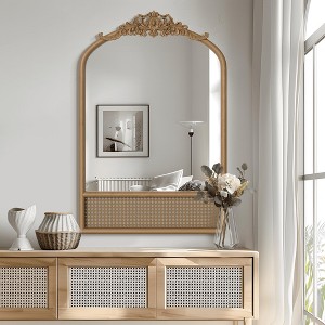 MAYEERTY Hanging Mirror Solid Wood Carved Rattan Right Angle Micro-Arch Brown 36x24x2in - 1 of 4