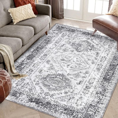 Washable Oriental Rug Non-Slip Ultra-Soft Vintage Medallion Low Pile Carpet Foldable for Living Room Bedroom Dorm