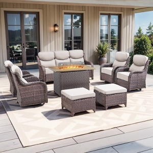 Buenhomino 8 Pieces Patio Furniture Sets with Fire Pit Table, Wicker Outdoor Conversation Sets with 4 Swivel Rocker Chairs, 3-seat Sofa and Ottomans - 1 of 4
