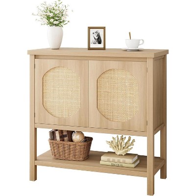 Rattan Buffet Cabinet, Small Storage with Doors and Shelves, Wooden Sideboard for Living Room, Dining Room, Kitchen, Natural Oak