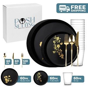 Posh Setting 420 Piece Black And Gold Plastic Party Bundle - Garden Edge (60 Settings) - 1 of 4