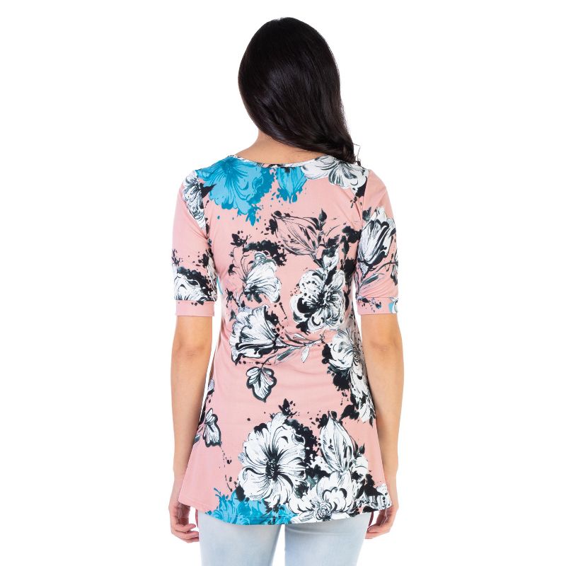24seven Comfort Apparel Pink Floral Elbow Sleeve Casual V Neck Henley Tunic Top, 3 of 5