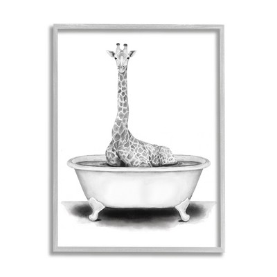 Stupell Industries Giraffe In A Tub Funny Animal Bathroom Drawing