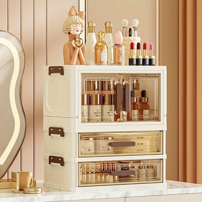 Lycvki 1 Door Foldable Transparent Large Capacity Cosmetics Storage Box with 2 Drawers