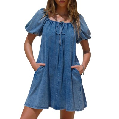 EXLURA Womens Summer Denim Short Puff Sleeve Dresses Knit Loose Plus Size Short Mini Dress 2025 Trendy Outfit