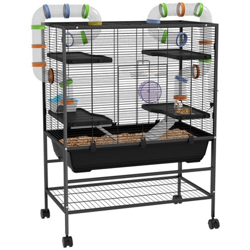 PawHut 32 Large Hamster Cage on Wheels Rat Cage for Syrian Hamster Gerbils with Tubing System Running Wheel Ramps Platforms