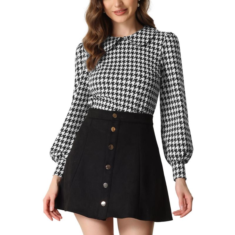 Allegra K Women's Peter Pan Collar Fashion Puff Long Sleeve Houndstooth Plaid Blouse, 1 of 6