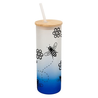 Elanze Designs Honeycomb Queen Bumble Bee Hive Wrap-Around Design 25 Ounce Frosted Gradient Glass On-The-Go Coffee Travel Skinny Tumbler Mug Cup,