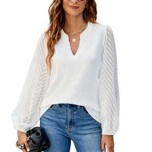 Women's Solid Color V - Neck Lace Panel Chiffon Blouse, Elegant Long - Sleeve Top for Casual and Office Wear - 1 of 4