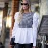 Amaryllis Women's Long-Sleeve Houndstooth Peplum Top with Statement Puff Sleeves Classic Elegant Design - 4 of 4