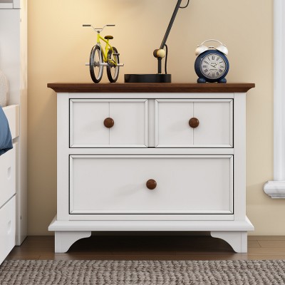 LIVAREEmlen Wooden Captain 2-Drawer Nightstand Kids End Side Table for Bedroom, Living Room, Kids' Room, White+Walnut
