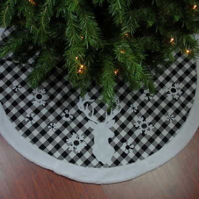 48" Black and White Plaid Reindeer Christmas Tree Skirt with Faux Fur