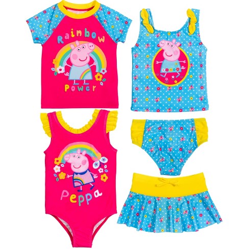 Peppa Pig Little Girls 5 Piece Swim Set: Rash Guard One-Piece Tankini  Bottom Skirt 5-6