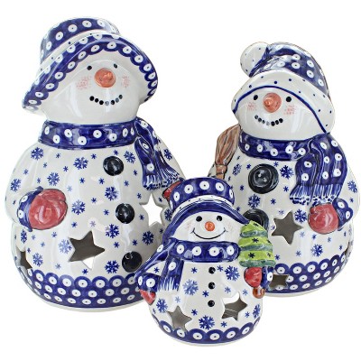 Blue Rose Polish Pottery 6400 Vena Snowman Luminary Set