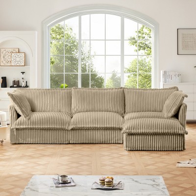Slipcovered Sectional Sofa, 3 Seater Sofa with Removable Cover, Sofa Couch with Ottoman, Corduroy Fabric Sectional Sofas-Cuddlewood