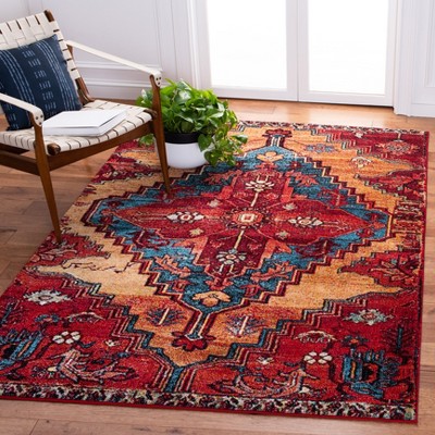 Vintage Red and Blue Rectangular Synthetic Area Rug