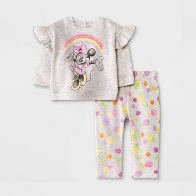Baby Girls' Disney Mickey & Minnie Mouse Friends Rainbow Top and Bottom Set - Oatmeal 6-9M