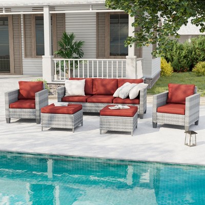 Sonkuki 5-Piece Patio Conversation Sofa Set Gray Rattan with Widen Armrest,