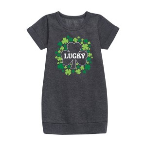 - Instant Message - St. Patrick's Day Lucky Shamrocks Filled Graphic Short Sleeve Fleece Dress - 1 of 3
