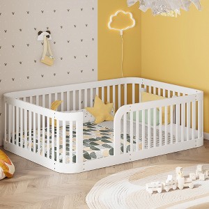 Twin/Full Size Wood Platform Bed Frame with Fence and Rounded Corners, White/Natural-ModernLuxe - 1 of 4