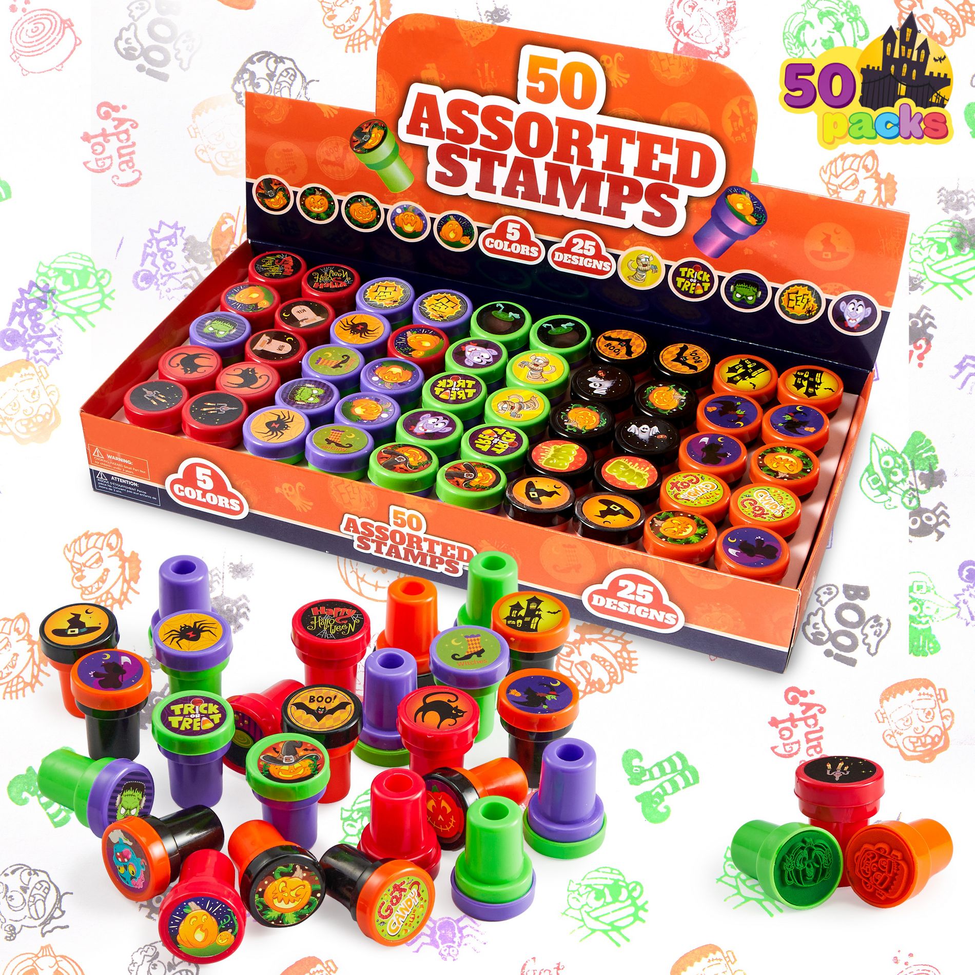 Joyfy Halloween Party Favor 50 Pcs Kids Self Ink Stamps 25 Designs Trick or Treat Assorted Plastic Stamps for Halloween Goodie Bag Fillers Game Prizes