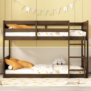 Okak Twin over Twin Floor Bunk Bed with Rubber Wood Frame, Toddler Bunk Beds with Panelled Headboard and Footboard, Bed Frames for Bedroom - 1 of 4