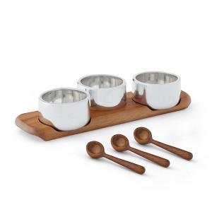 Nambé Classic Triple Condiment Server – Alloy Bowls with Acacia Wood Cradle, Includes Three Wooden Spoons, Stylish Snack and Sauce Holder - 1 of 4