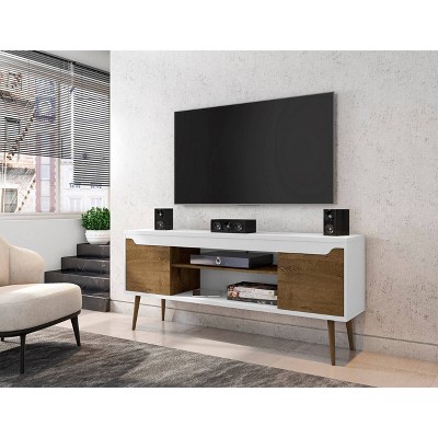 Bradley 63'' Glossy White and Rustic Brown Wood TV Stand with Cabinet