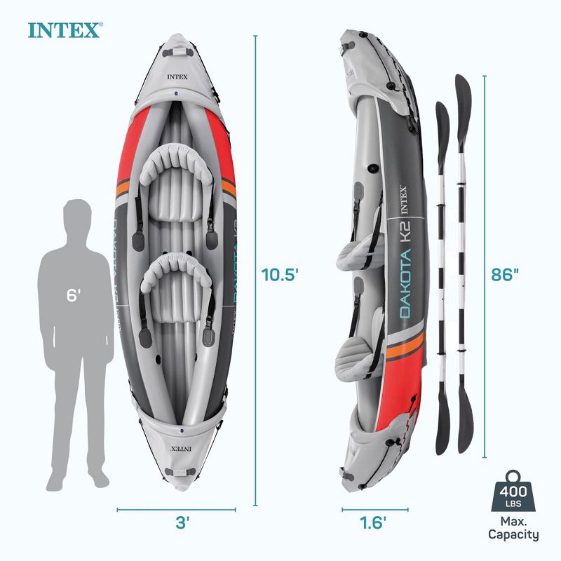 Intex Dakota K2 2 Person Inflatable Vinyl Kayak and Accessory Kit with 86 Inch Oars, Air Pump, and Carry Bag for Lakes and Rivers, Gray and Red, 6 of 8