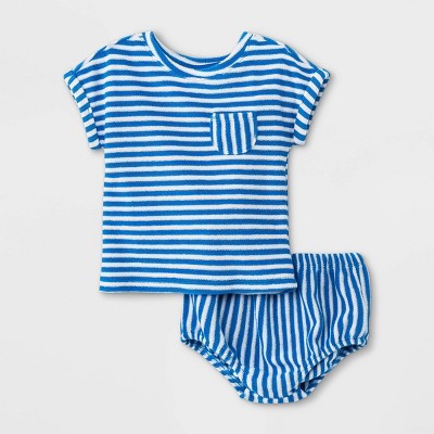 Baby Boys' Striped Loop Terry Top & Bottom Set - Cat & Jack™ Blue/Fresh White Newborn