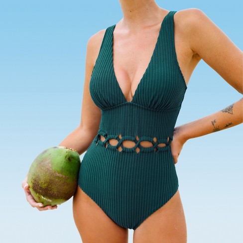 Women's Cutout Ribbed One Piece Swimsuit -cupshe-l-green : Target