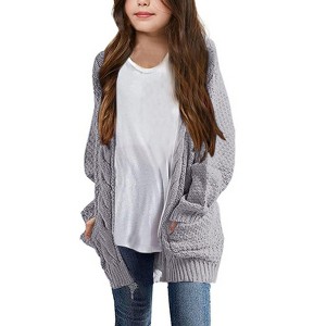 Girls Long Sleeve Cardigan Sweaters Open Front Cable Knit Chunky Cardigans Kids Oversized Cute Outerwear Coat - 1 of 3