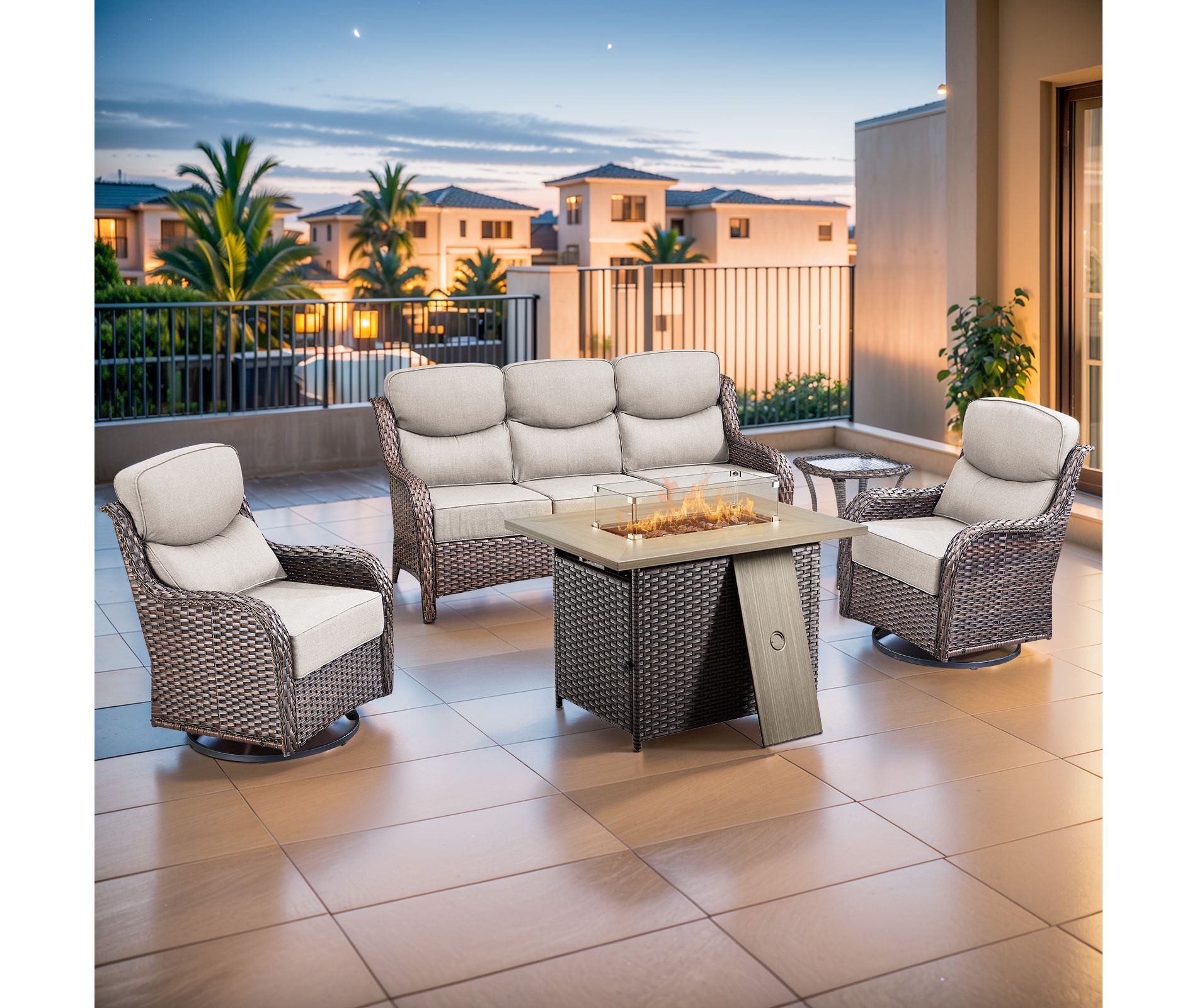 Gymojoy 5 Pieces Outdoor 6 Inch Sofa Swivel Chair with Fire Pit Table