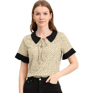Allegra K Women's Contrast Doll Collar Polka Dots Short Sleeves Blouse - 1 of 4