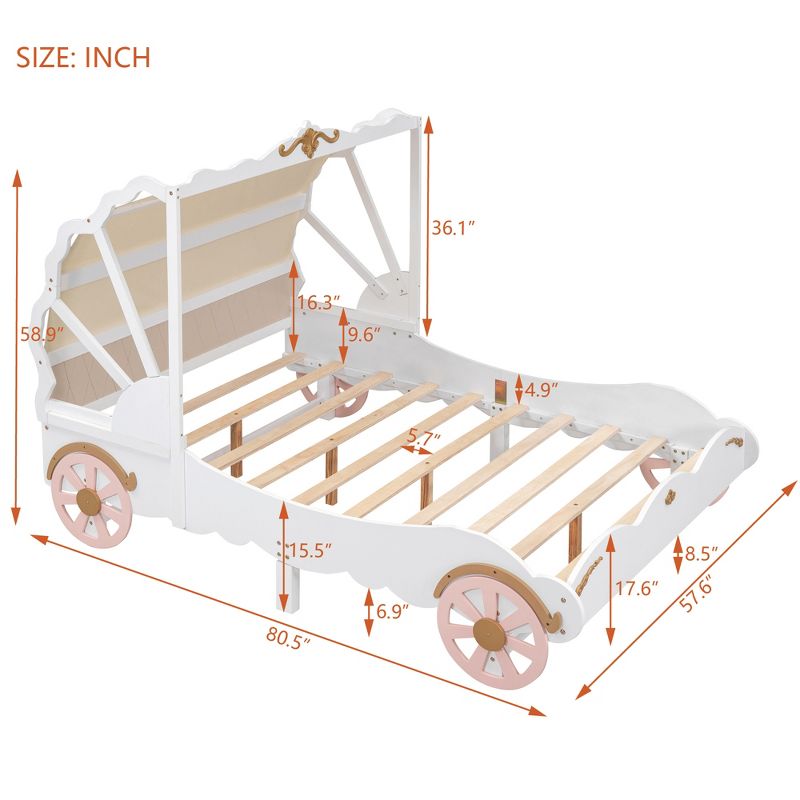 Full/Twin Size Princess Carriage Bed with Canopy, Wood Platform Bed with 3D Carving Pattern, White+Pink-ModernLuxe, 3 of 10