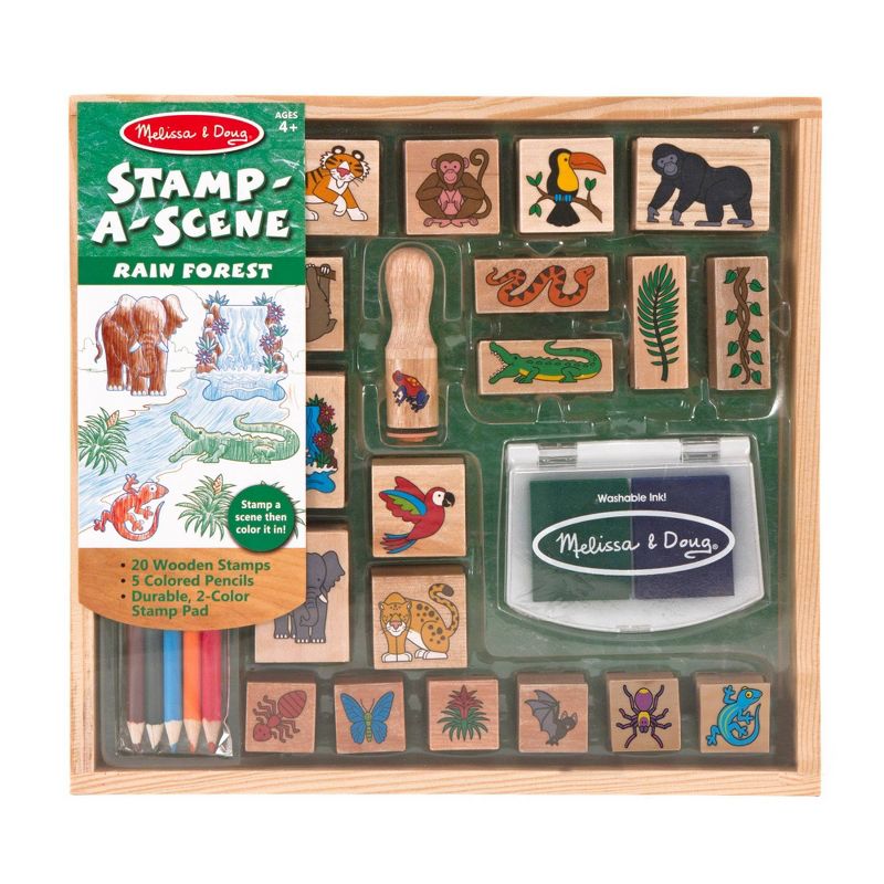 Melissa &#38; Doug Stamp-a-Scene Stamp Set: Rain Forest - 20 Wooden Stamps, 5 Colored Pencils, and 2-Color Stamp Pad, 1 of 11
