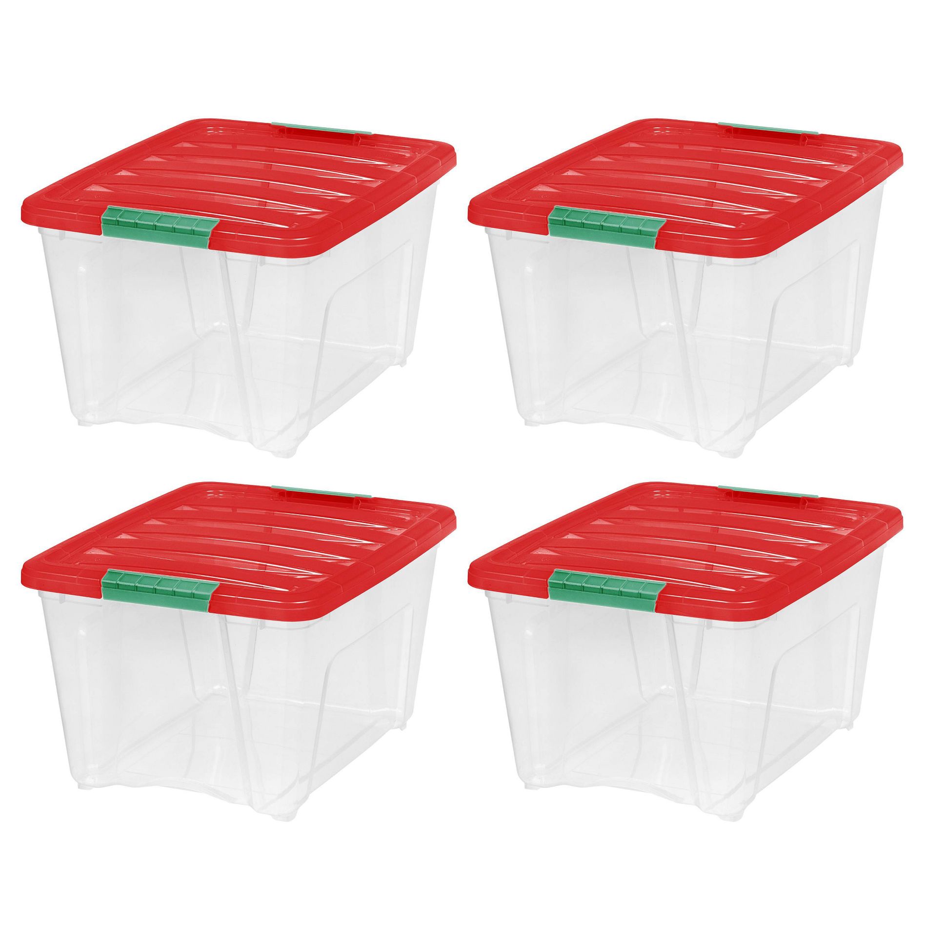 IRIS 4pk 32qt Stackable Holiday Plastic Storage Bins with Lids and Latching Buckles Clear Red