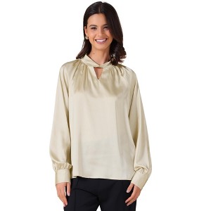 INSPIRE CHIC Women's Satin V Neck Keyhole Long Sleeves Elegant Blouse - 1 of 4